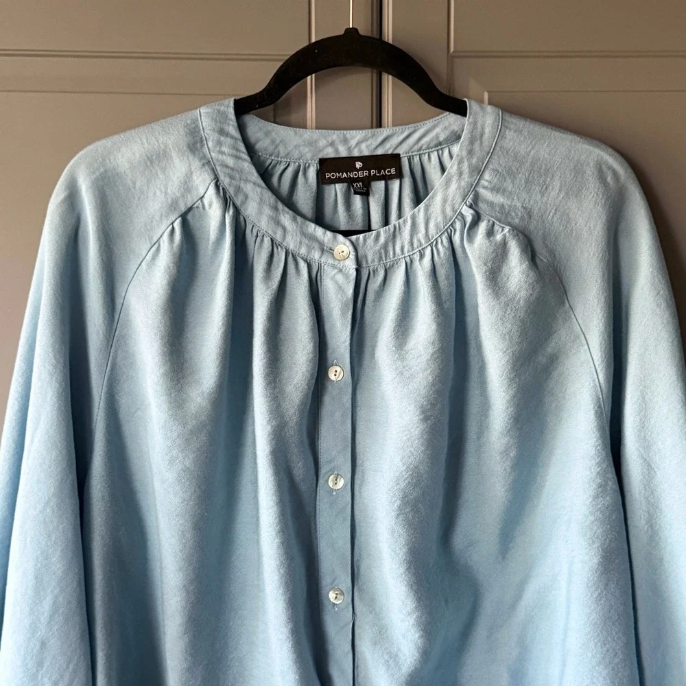 Pomander Place Jett Carolina Blue Blouson Sleeve Poet Shirt, XXL - Picture 3 of 11